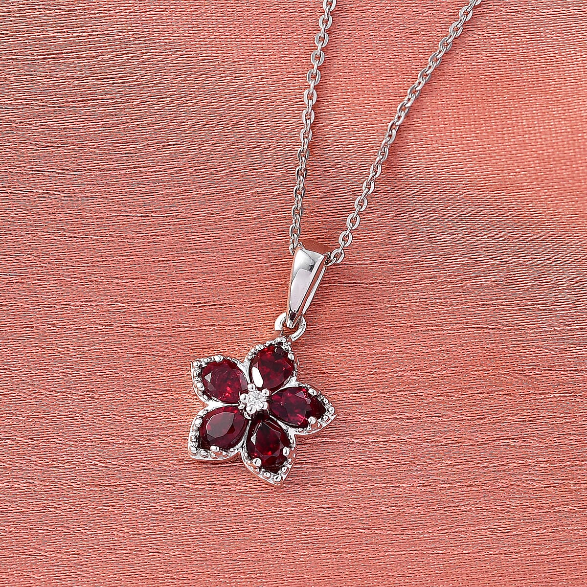 D'Joy Premium Anthill Garnet and Moissanite 1.00 ctw Flower Pendant Necklace 20 Inches in Rhodium Over Sterling Silver (Del. in 5-7 Days)  image number 1