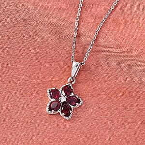 D'Joy Premium Anthill Garnet and Moissanite 1.00 ctw Flower Pendant Necklace 20 Inches in Rhodium Over Sterling Silver (Del. in 5-7 Days) 