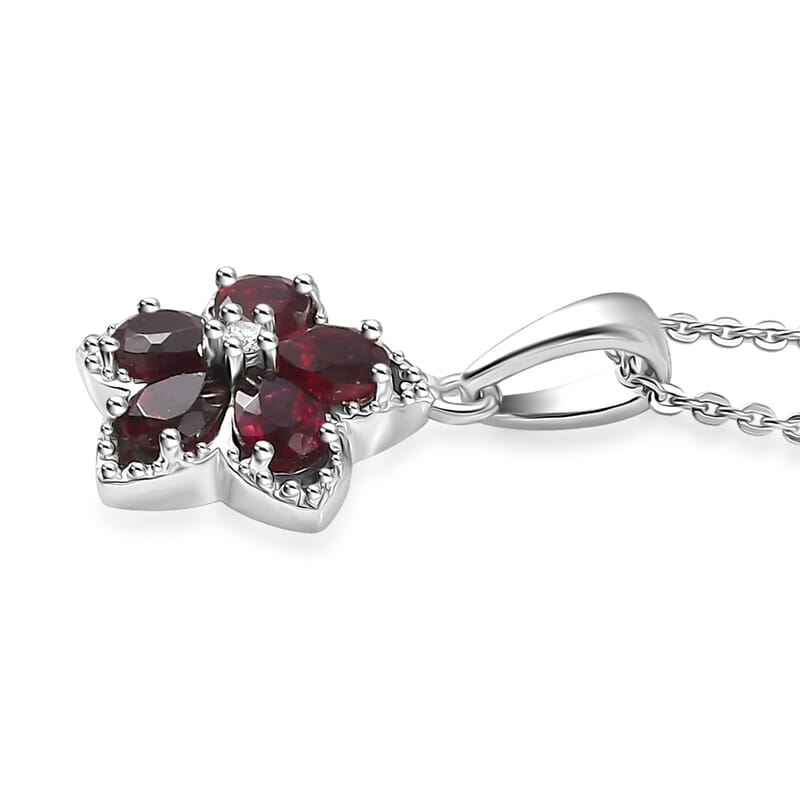 D'Joy Premium Anthill Garnet and Moissanite 1.00 ctw Flower Pendant Necklace 20 Inches in Rhodium Over Sterling Silver