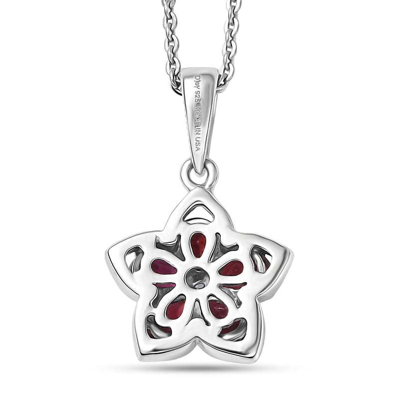 D'Joy Premium Anthill Garnet and Moissanite 1.00 ctw Flower Pendant Necklace 20 Inches in Rhodium Over Sterling Silver