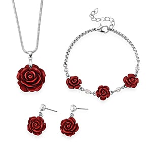 3 Piece Set - Red Resin Flower, Austrian Crystal Bracelet (7.5-9.0In), Earrings and Necklace (20-22 Inches) in Silvertone and Stainless Steel