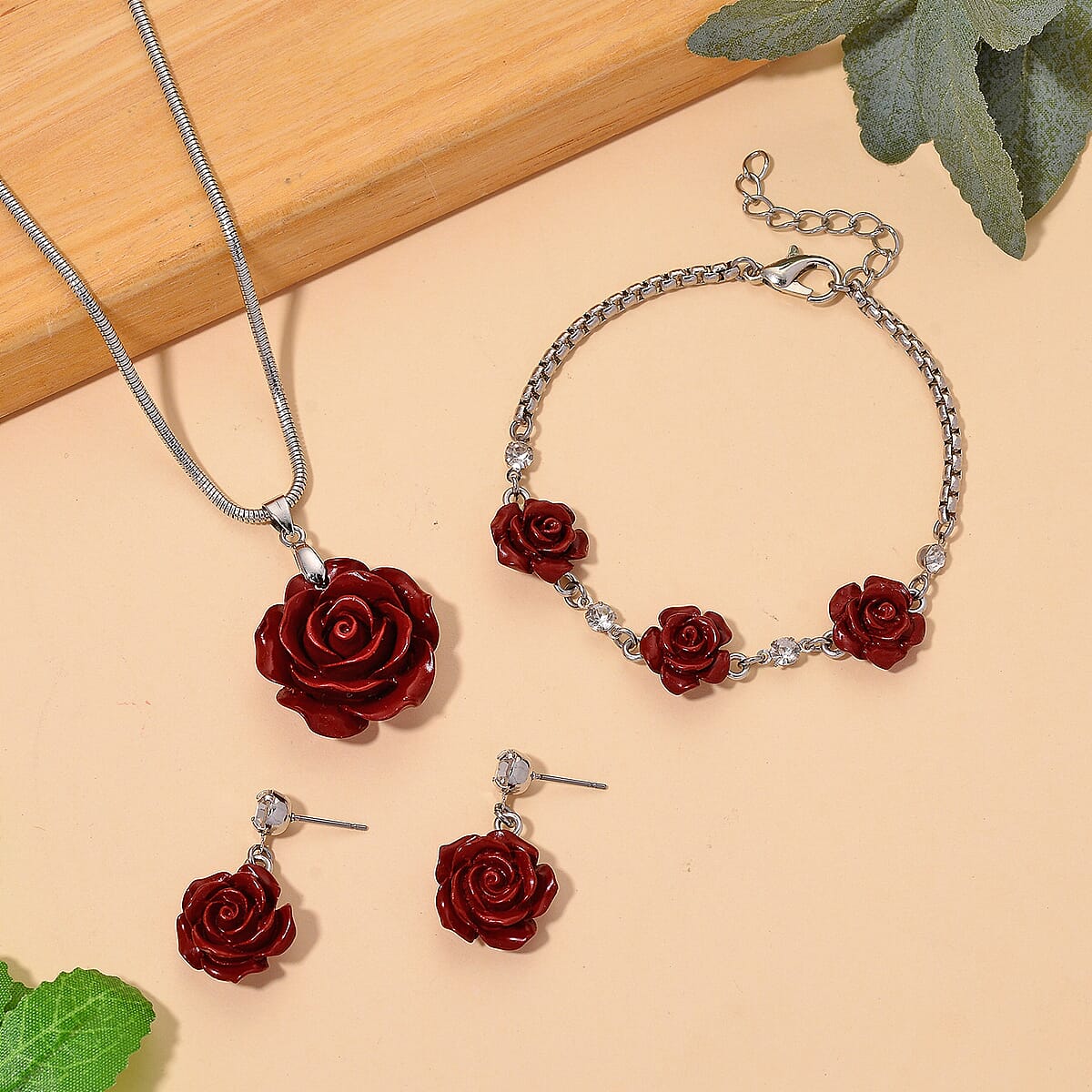 3 Piece Set - Red Resin Flower, Austrian Crystal Bracelet (7.5-9.0In), Earrings and Necklace (20-22 Inches) in Silvertone and Stainless Steel image number 1