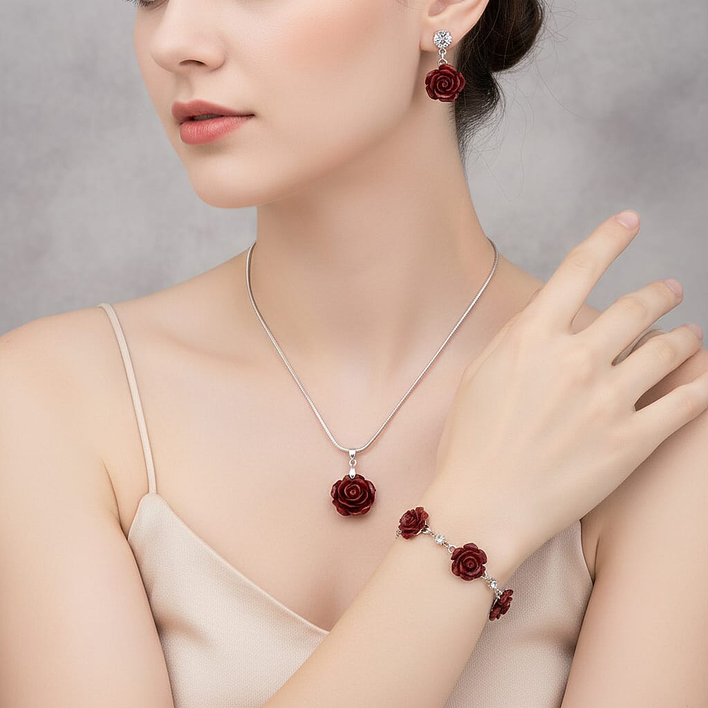 3 Piece Set - Red Resin Flower, Austrian Crystal Bracelet (7.5-9.0In), Earrings and Necklace (20-22 Inches) in Silvertone and Stainless Steel