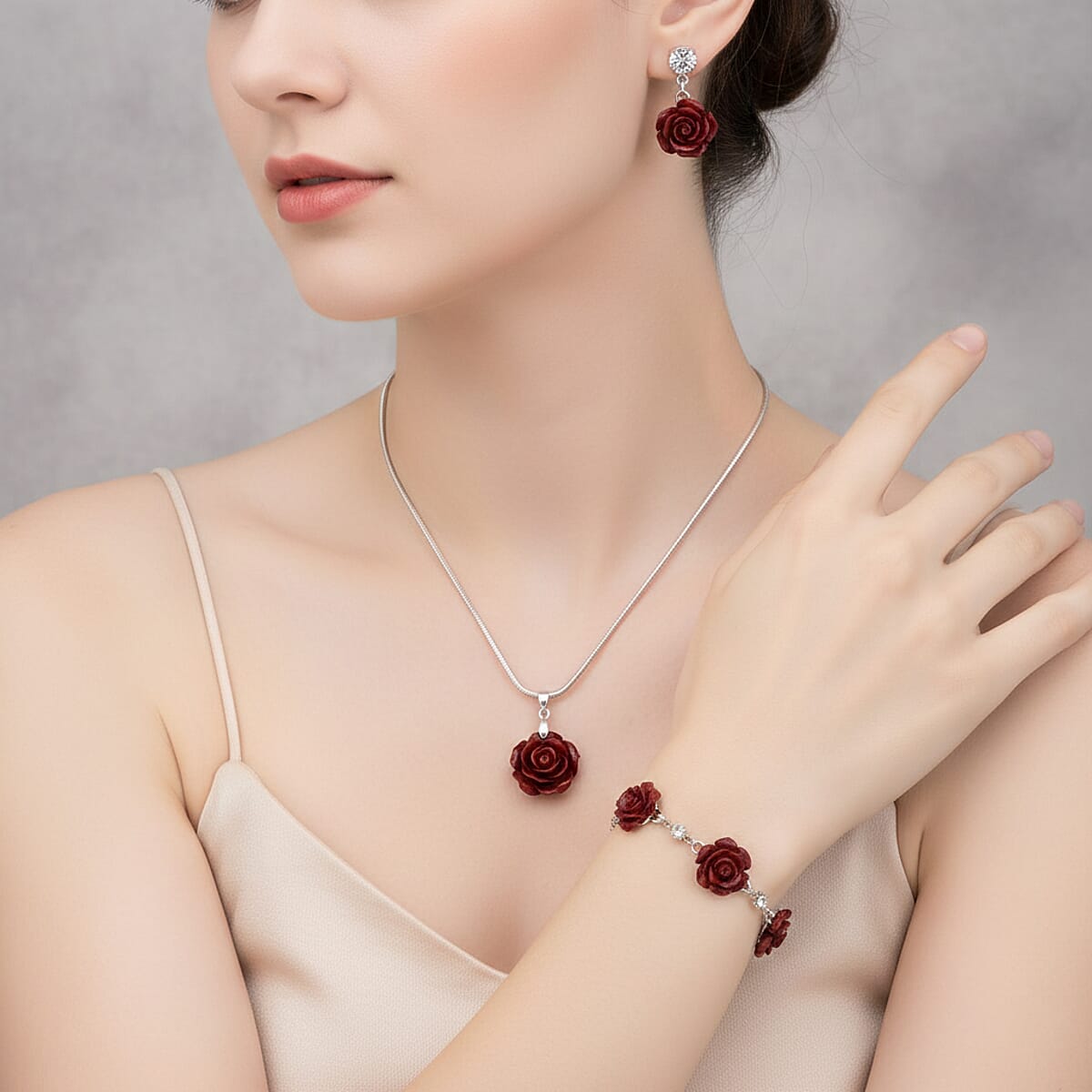 3 Piece Set - Red Resin Flower, Austrian Crystal Bracelet (7.5-9.0In), Earrings and Necklace (20-22 Inches) in Silvertone and Stainless Steel image number 2