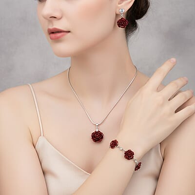 3 Piece Set - Red Resin Flower, Austrian Crystal Bracelet (7.5-9.0In), Earrings and Necklace (20-22 Inches) in Silvertone and Stainless Steel