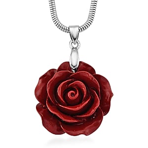 3 Piece Set - Red Resin Flower, Austrian Crystal Bracelet (7.5-9.0In), Earrings and Necklace (20-22 Inches) in Silvertone and Stainless Steel