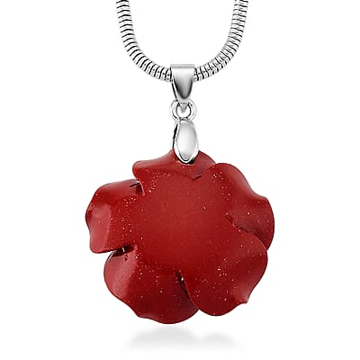 3 Piece Set - Red Resin Flower, Austrian Crystal Bracelet (7.5-9.0In), Earrings and Necklace (20-22 Inches) in Silvertone and Stainless Steel