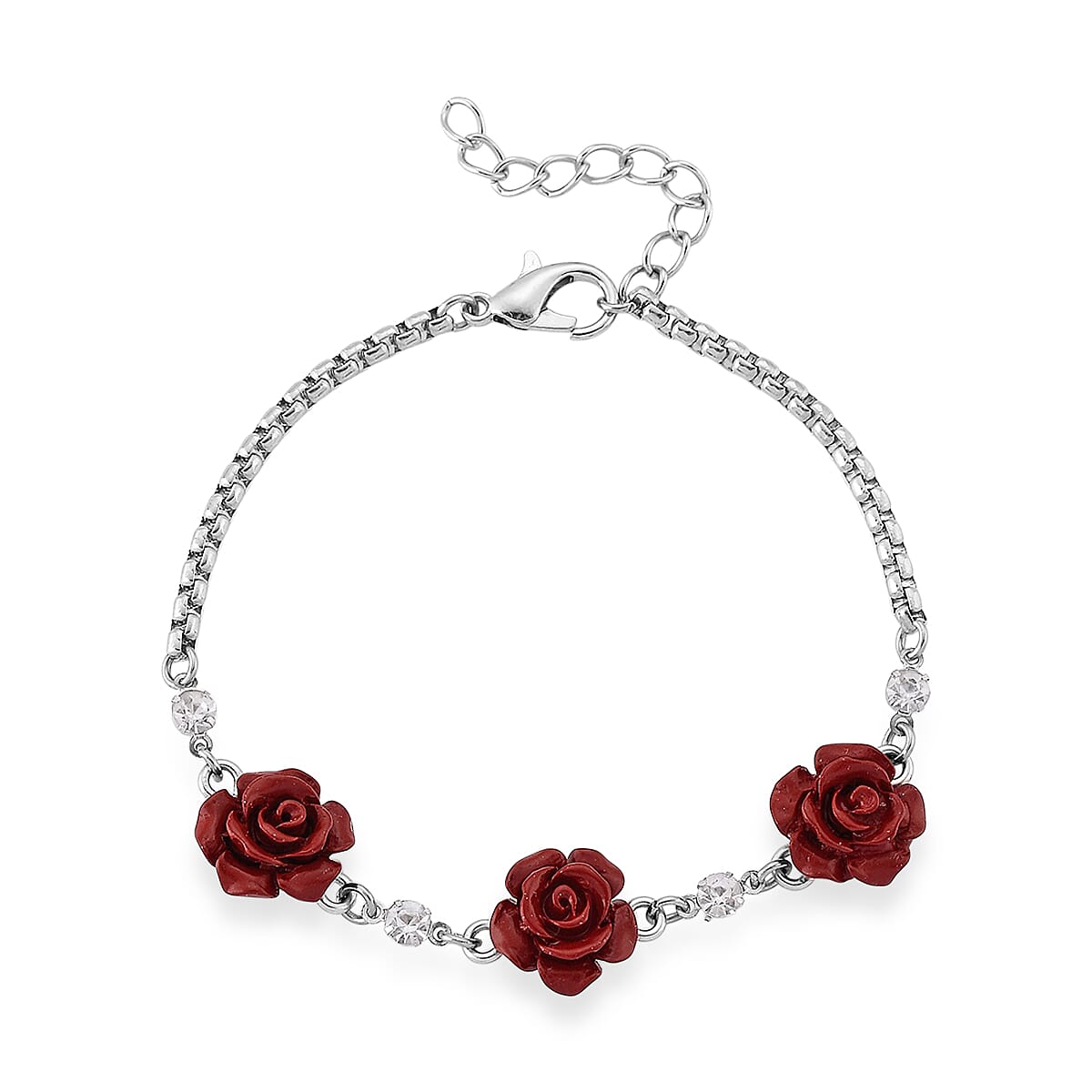 3 Piece Set - Red Resin Flower, Austrian Crystal Bracelet (7.5-9.0In), Earrings and Necklace (20-22 Inches) in Silvertone and Stainless Steel