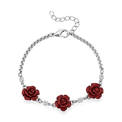 3 Piece Set - Red Resin Flower, Austrian Crystal Bracelet (7.5-9.0In), Earrings and Necklace (20-22 Inches) in Silvertone and Stainless Steel
