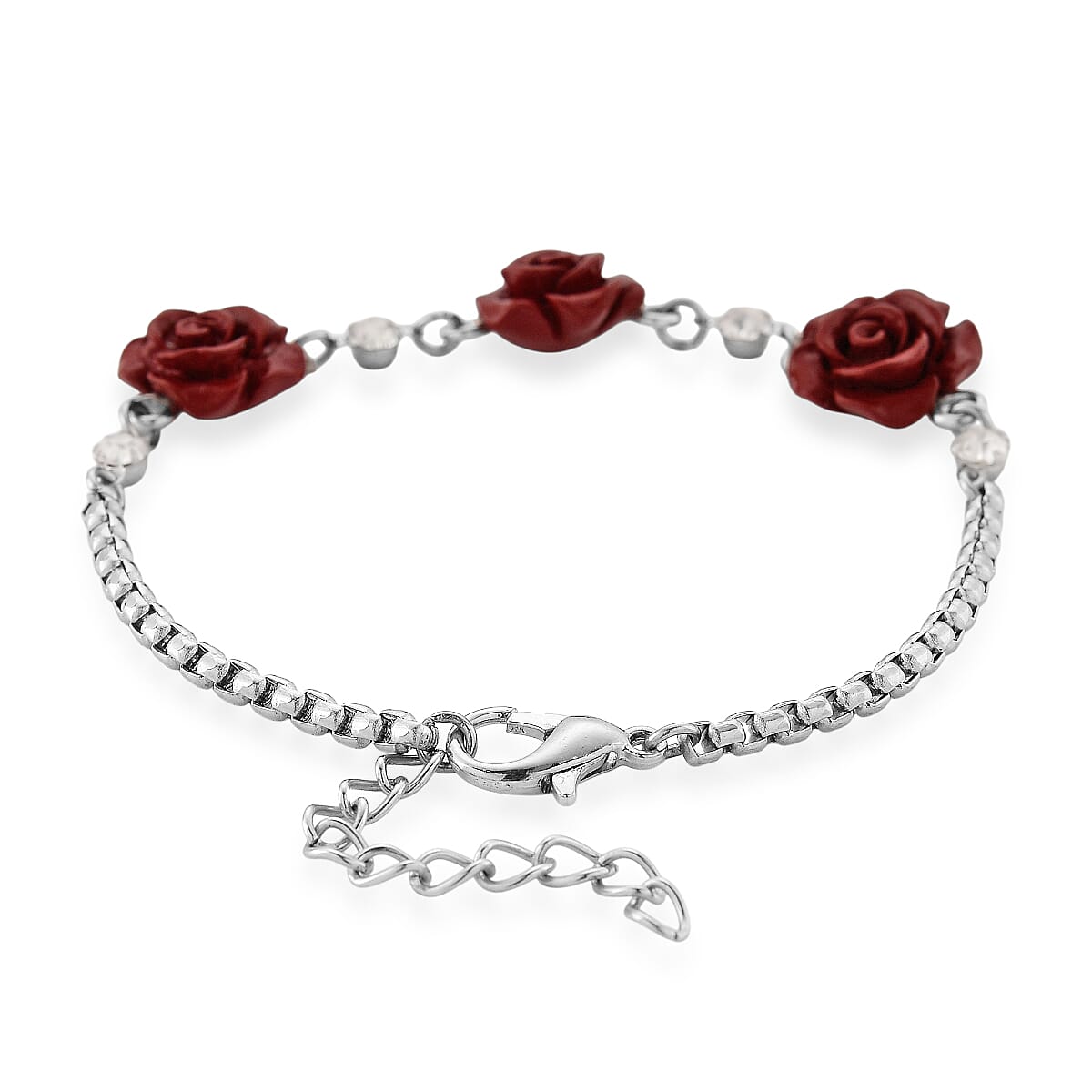 3 Piece Set - Red Resin Flower, Austrian Crystal Bracelet (7.5-9.0In), Earrings and Necklace (20-22 Inches) in Silvertone and Stainless Steel