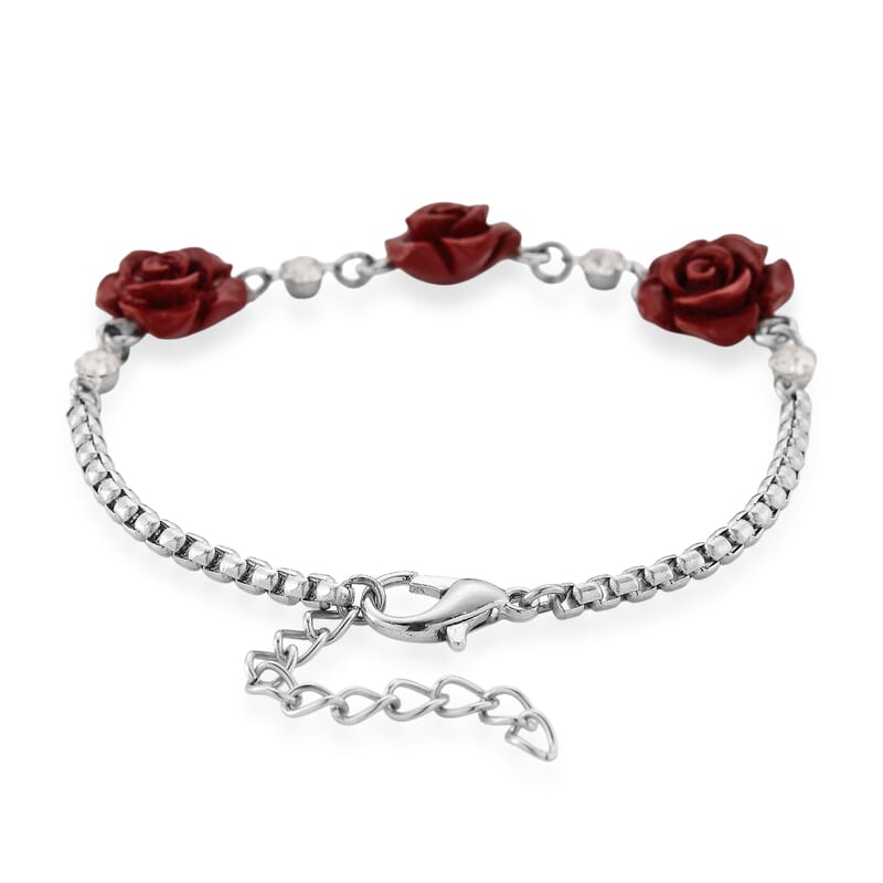 3 Piece Set - Red Resin Flower, Austrian Crystal Bracelet (7.5-9.0In), Earrings and Necklace (20-22 Inches) in Silvertone and Stainless Steel