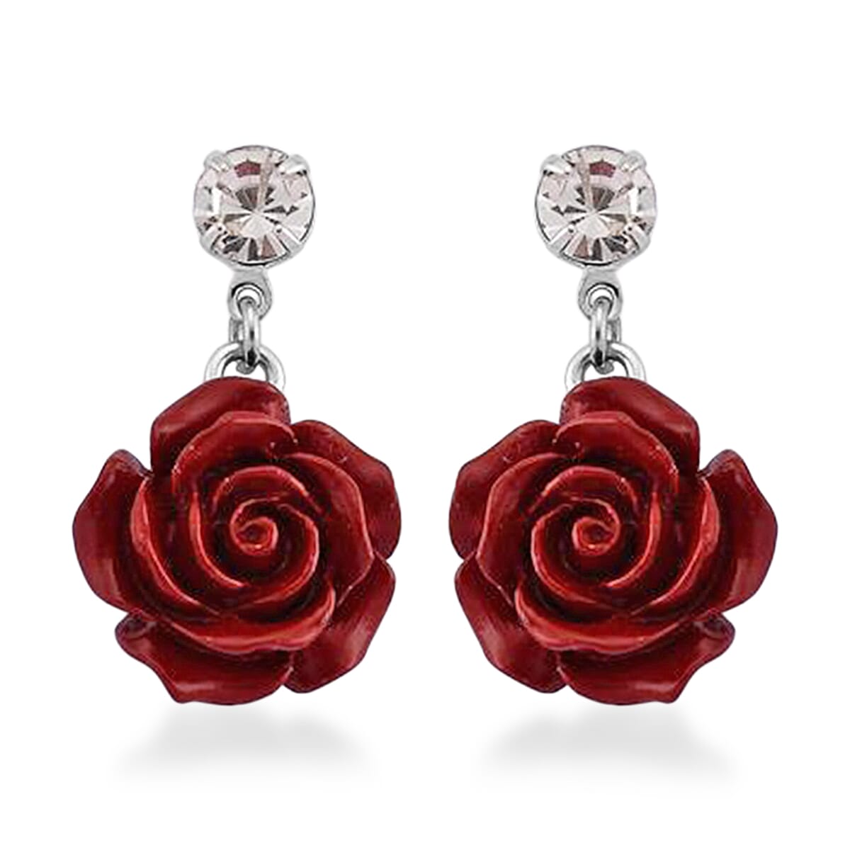 3 Piece Set - Red Resin Flower, Austrian Crystal Bracelet (7.5-9.0In), Earrings and Necklace (20-22 Inches) in Silvertone and Stainless Steel