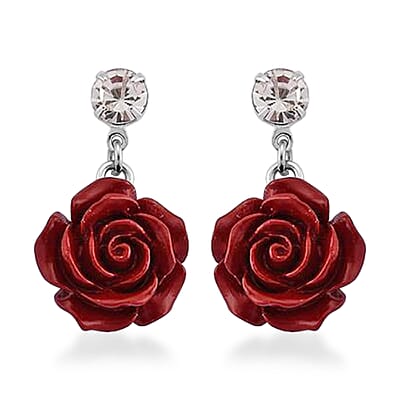 3 Piece Set - Red Resin Flower, Austrian Crystal Bracelet (7.5-9.0In), Earrings and Necklace (20-22 Inches) in Silvertone and Stainless Steel