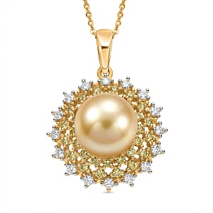 D'Joy South Sea Golden Cultured Pearl and Multi Gemstone 1.00 ctw Golden Sunflare Pendant Necklace in 18K Vermeil Yellow Gold Over Sterling Silver 20 Inches