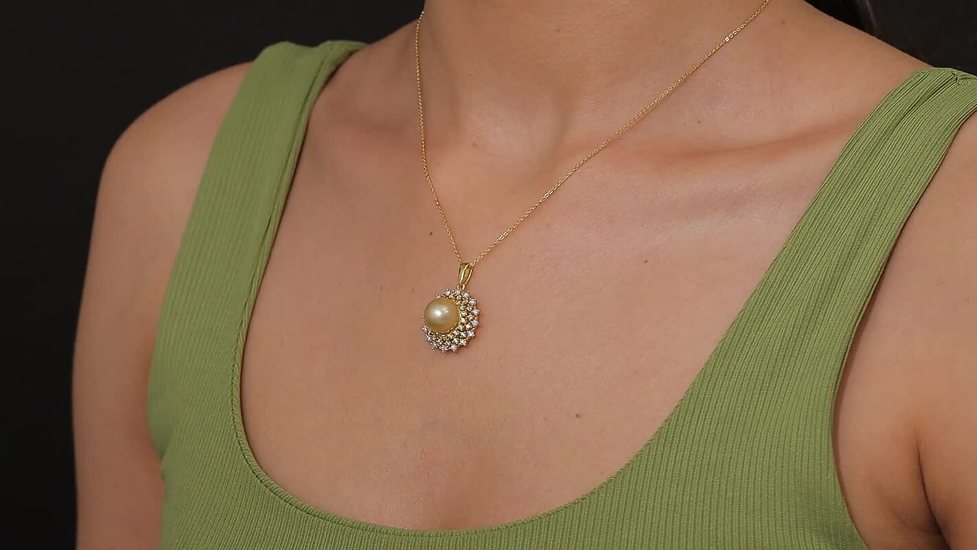 D'Joy South Sea Golden Cultured Pearl and Multi Gemstone 1.00 ctw Golden Sunflare Pendant Necklace in 18K Vermeil Yellow Gold Over Sterling Silver 20 Inches