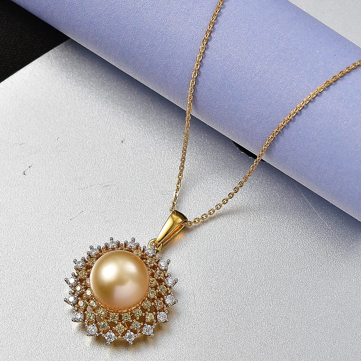 D'Joy South Sea Golden Cultured Pearl and Multi Gemstone 1.00 ctw Golden Sunflare Pendant Necklace in 18K Vermeil Yellow Gold Over Sterling Silver 20 Inches image number 1