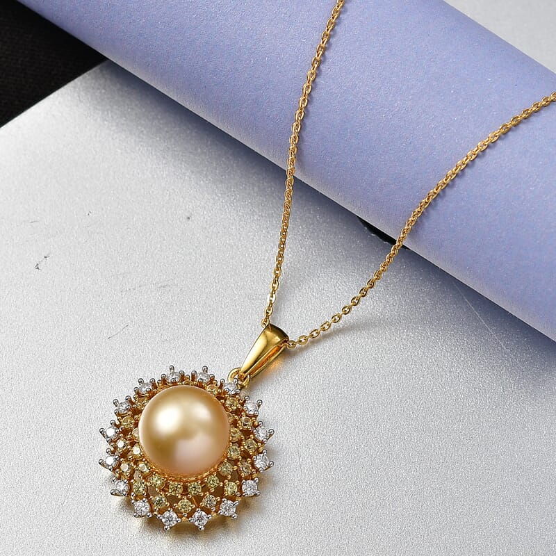 D'Joy South Sea Golden Cultured Pearl and Multi Gemstone 1.00 ctw Golden Sunflare Pendant Necklace in 18K Vermeil Yellow Gold Over Sterling Silver 20 Inches