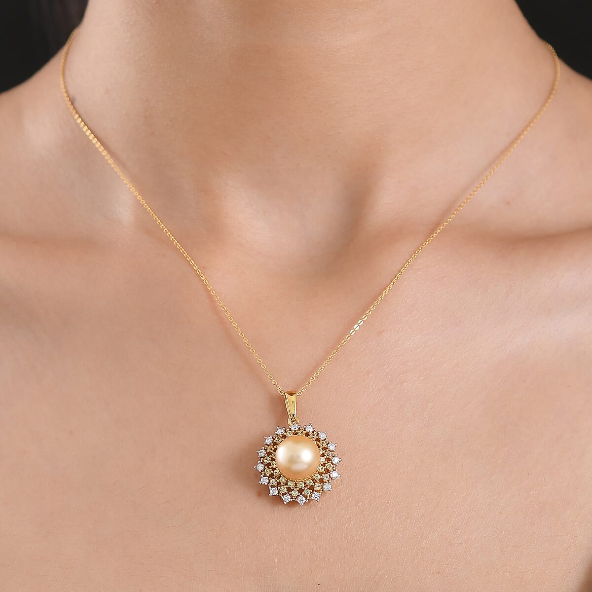 D'Joy South Sea Golden Cultured Pearl and Multi Gemstone 1.00 ctw Golden Sunflare Pendant Necklace in 18K Vermeil Yellow Gold Over Sterling Silver 20 Inches image number 2