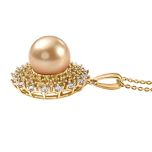 D'Joy South Sea Golden Cultured Pearl and Multi Gemstone 1.00 ctw Golden Sunflare Pendant Necklace in 18K Vermeil Yellow Gold Over Sterling Silver 20 Inches