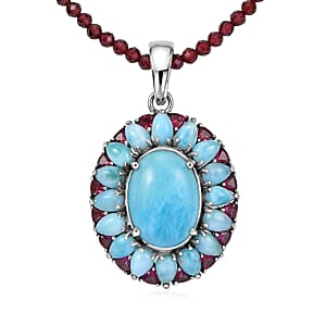 D'Joy Larimar and Orissa Rhodolite Garnet 69.50 ctw Ocean Ripple Halo Pendant with Beaded Necklace (20 Inches) in Rhodium Over Sterling Silver