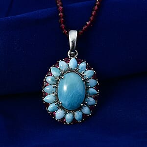 D'Joy Larimar and Orissa Rhodolite Garnet 69.50 ctw Ocean Ripple Halo Pendant with Beaded Necklace (20 Inches) in Rhodium Over Sterling Silver