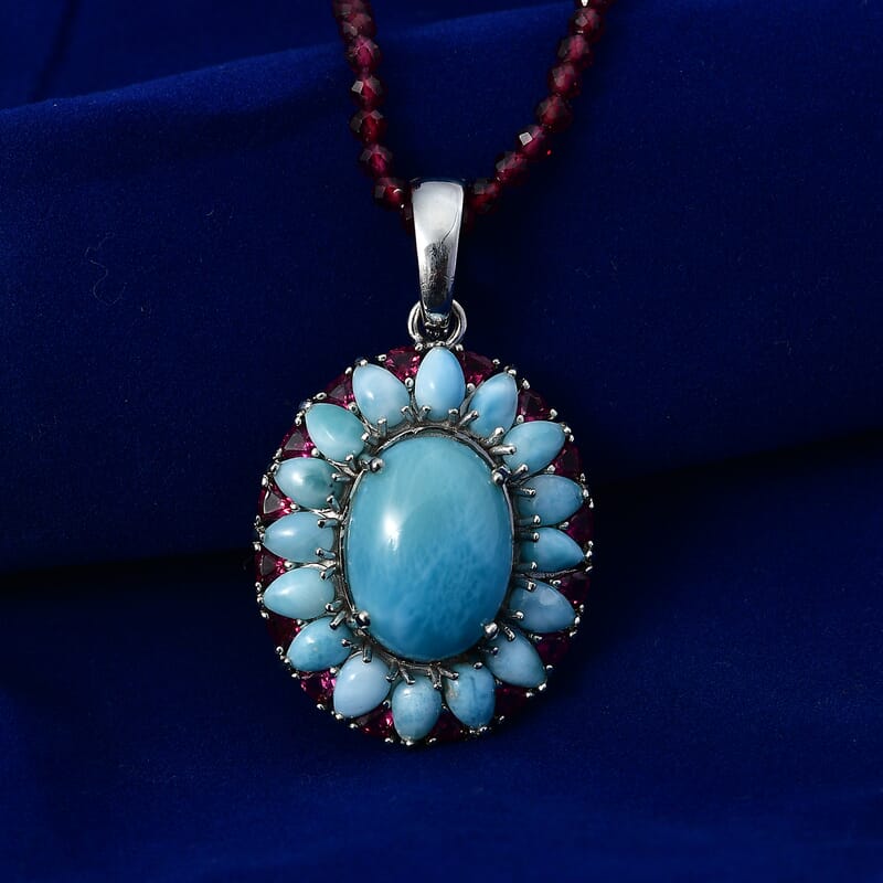 D'Joy Larimar and Orissa Rhodolite Garnet 69.50 ctw Ocean Ripple Halo Pendant with Beaded Necklace (20 Inches) in Rhodium Over Sterling Silver