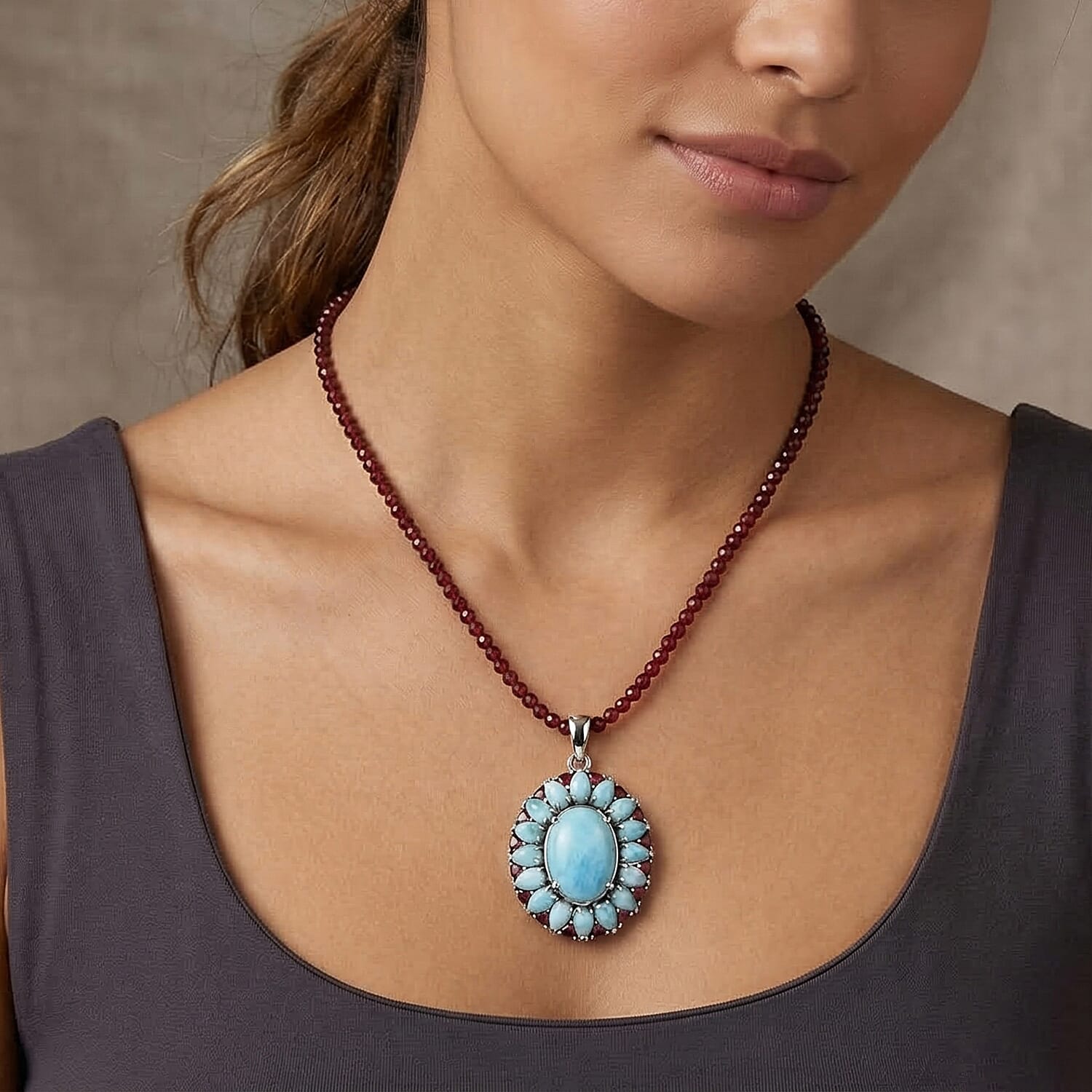 D'Joy Larimar and Orissa Rhodolite Garnet 69.50 ctw Ocean Ripple Halo Pendant with Beaded Necklace (20 Inches) in Rhodium Over Sterling Silver