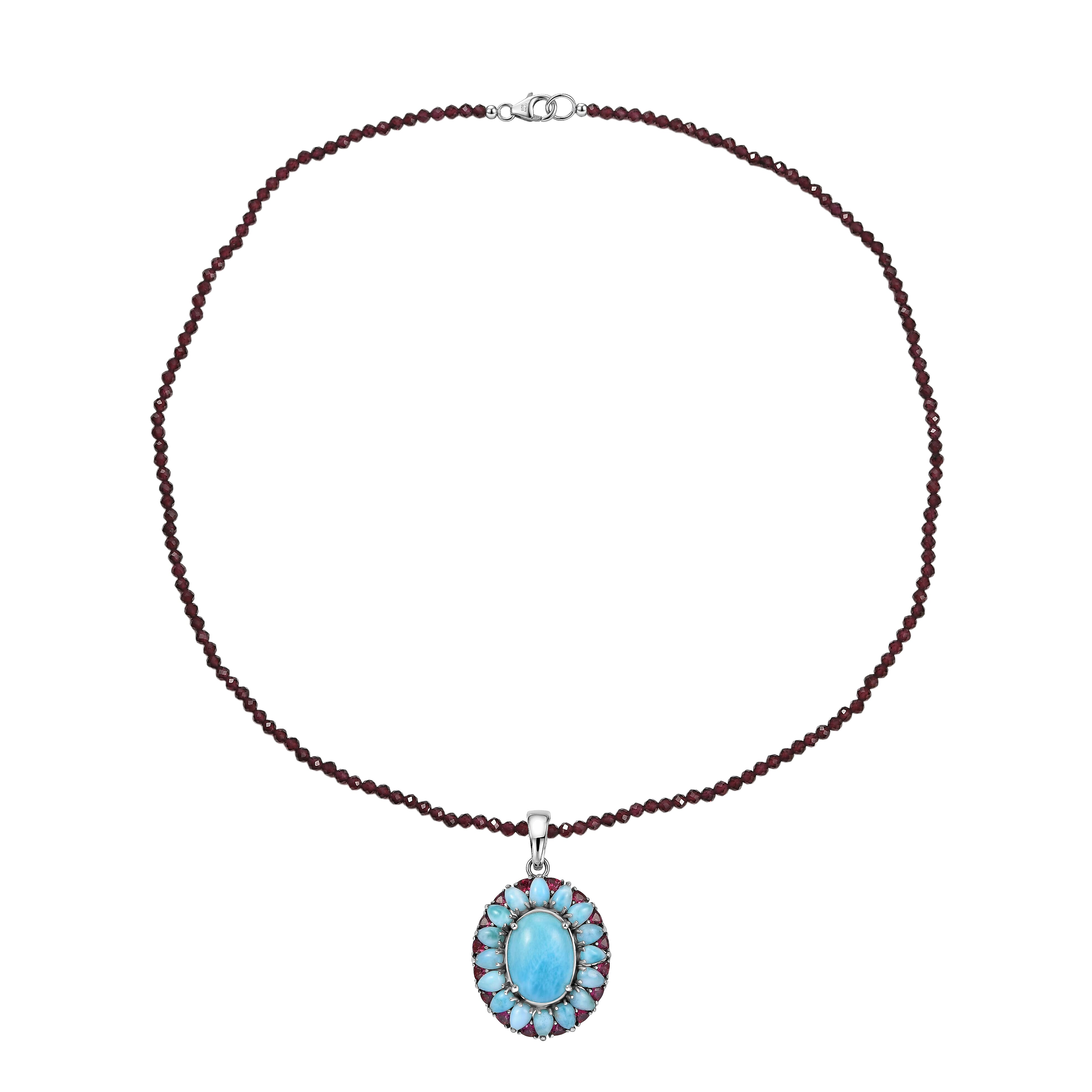 D'Joy Larimar and Orissa Rhodolite Garnet 69.50 ctw Ocean Ripple Halo Pendant with Beaded Necklace (20 Inches) in Rhodium Over Sterling Silver