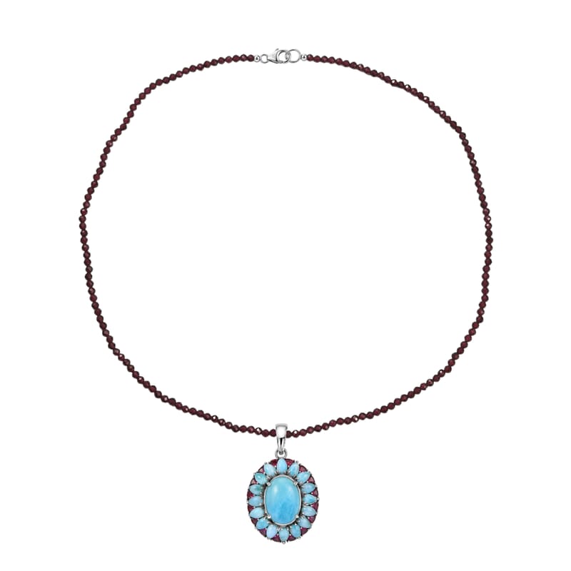 D'Joy Larimar and Orissa Rhodolite Garnet 69.50 ctw Ocean Ripple Halo Pendant with Beaded Necklace (20 Inches) in Rhodium Over Sterling Silver