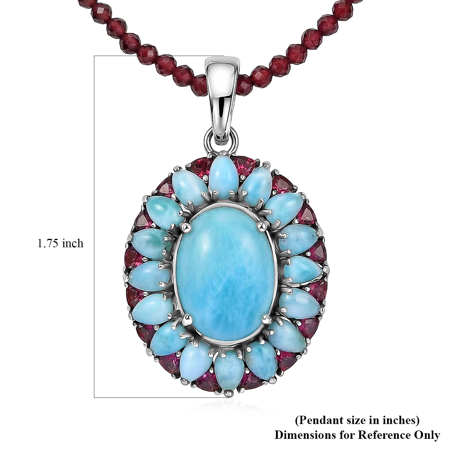 D'Joy Larimar and Orissa Rhodolite Garnet 69.50 ctw Ocean Ripple Halo Pendant with Beaded Necklace (20 Inches) in Rhodium Over Sterling Silver