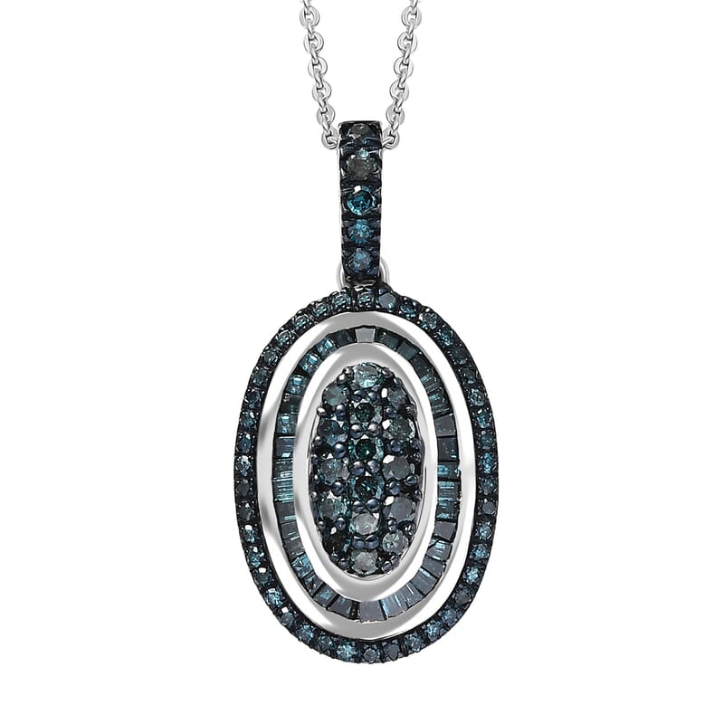 D'Joy Blue Diamond 1.00 ctw Royal Sunburst Pendant Necklace in Rhodium Over Sterling Silver 20 Inches