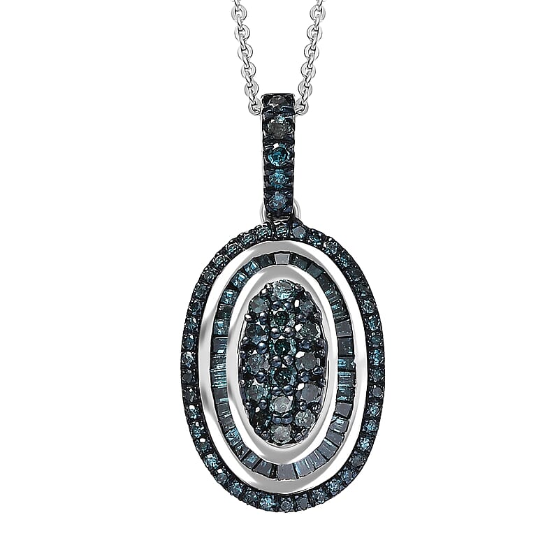 D'Joy Blue Diamond 1.00 ctw Royal Sunburst Pendant Necklace in Rhodium Over Sterling Silver 20 Inches