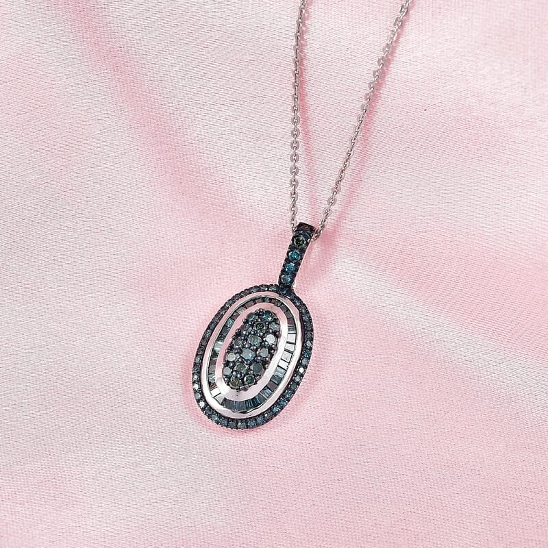 D'Joy Blue Diamond 1.00 ctw Royal Sunburst Pendant Necklace in Rhodium Over Sterling Silver 20 Inches