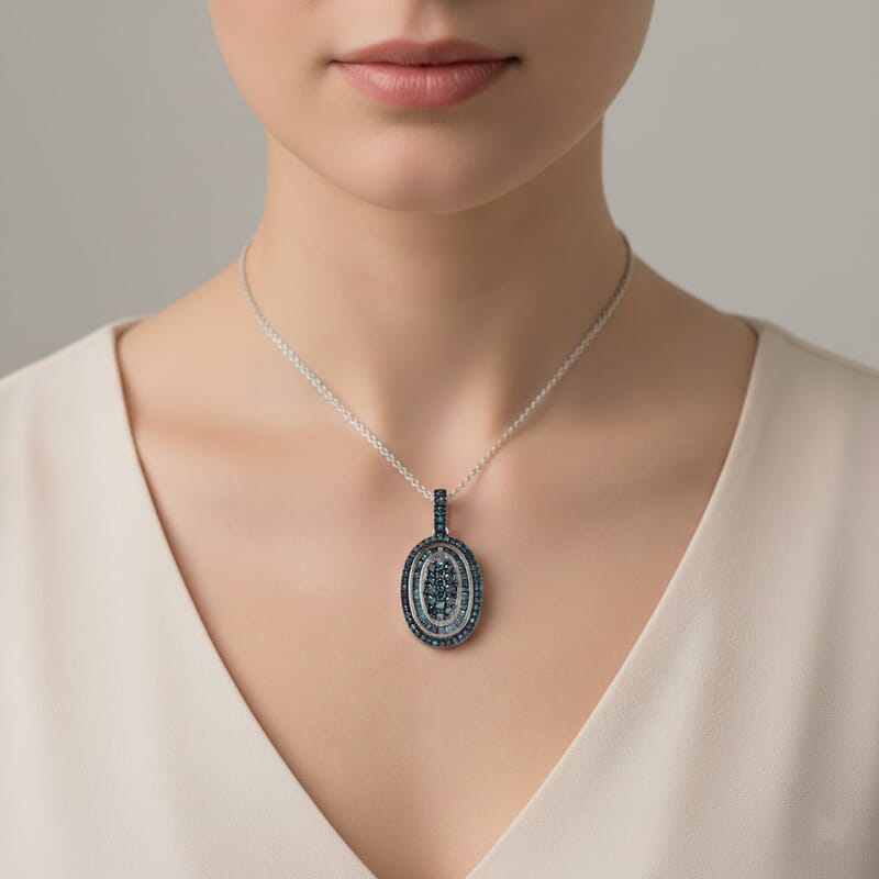 D'Joy Blue Diamond 1.00 ctw Royal Sunburst Pendant Necklace in Rhodium Over Sterling Silver 20 Inches
