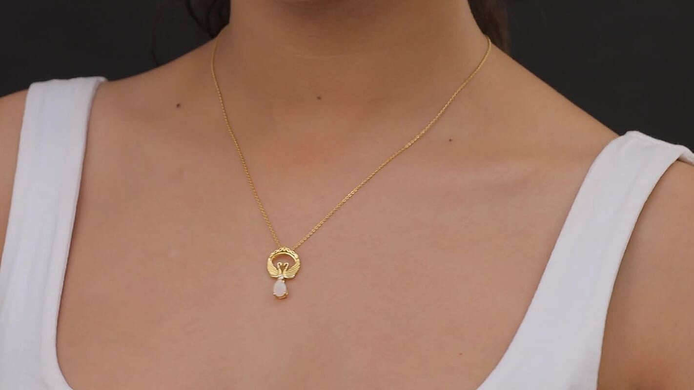 D''Joy Premium Ethiopian Welo Opal, White Zircon Pendant Necklace (20 Inches) in 14K YG Over Sterling Silver 0.50 ctw