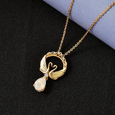 D'Joy Premium Ethiopian Welo Opal and White Zircon 0.50 ctw Pendant Necklace in 14K Yellow Gold Over Sterling Silver 20 Inches