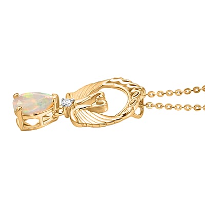 D'Joy Premium Ethiopian Welo Opal and White Zircon 0.50 ctw Pendant Necklace in 14K Yellow Gold Over Sterling Silver 20 Inches