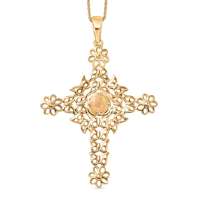 D'Joy Premium Ethiopian Welo Opal 0.30 ctw Pendant Necklace in 14K Yellow Gold Over Sterling Silver 20 Inches