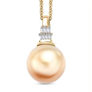 AAA South Sea Golden Cultured Pearl and Diamond I2 Signature Pendant Necklace in 10K Yellow Gold 20 Inches