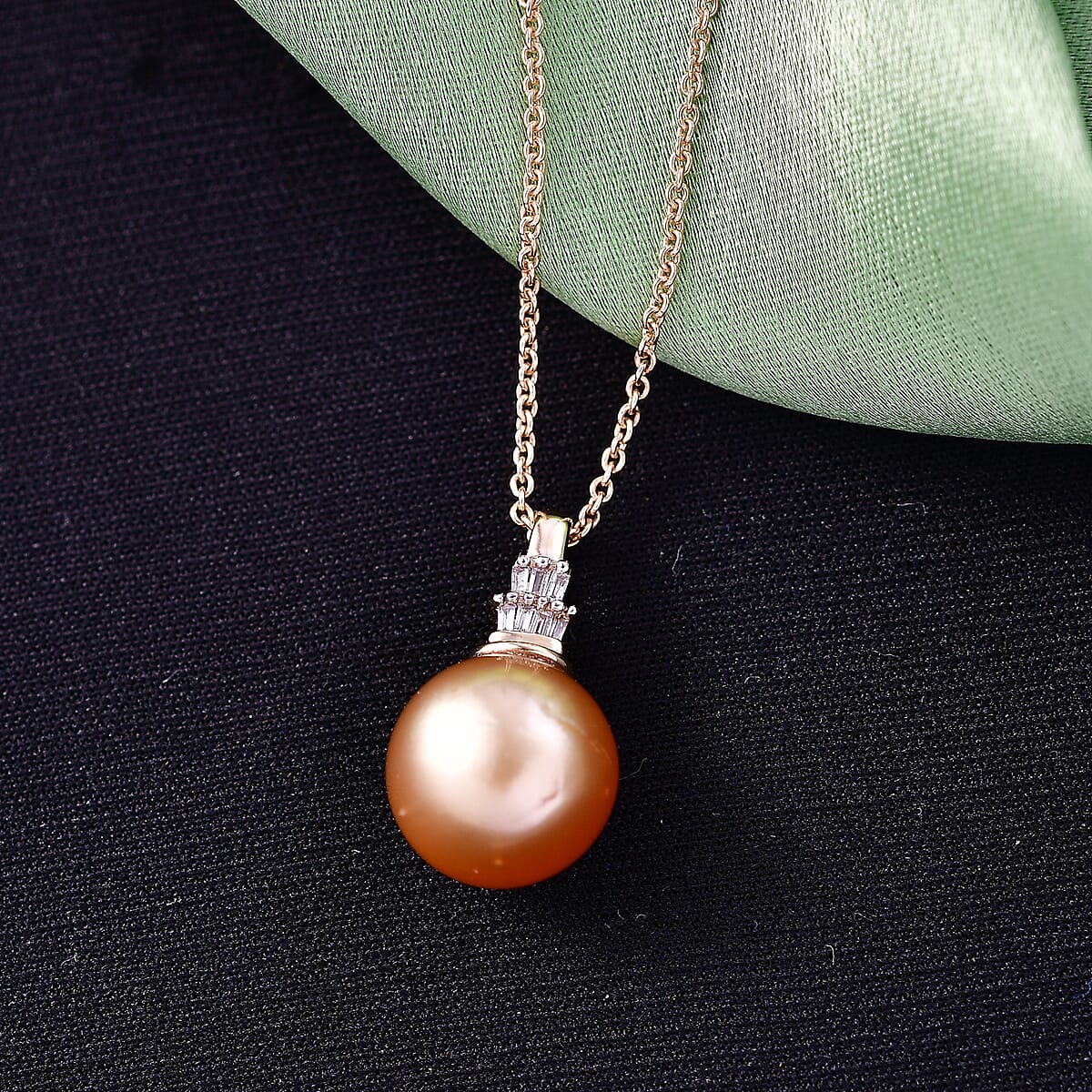 AAA South Sea Golden Cultured Pearl and Diamond I2 Signature Pendant Necklace in 10K Yellow Gold 20 Inches image number 1