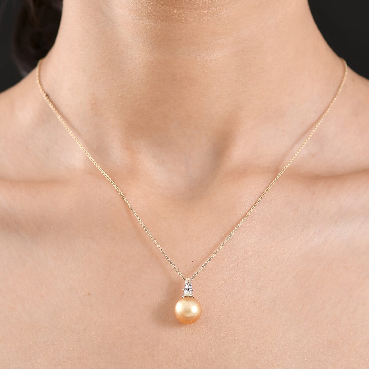 AAA South Sea Golden Cultured Pearl and Diamond I2 Signature Pendant Necklace in 10K Yellow Gold 20 Inches image number 2