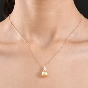 AAA South Sea Golden Cultured Pearl and Diamond I2 Signature Pendant Necklace in 10K Yellow Gold 20 Inches