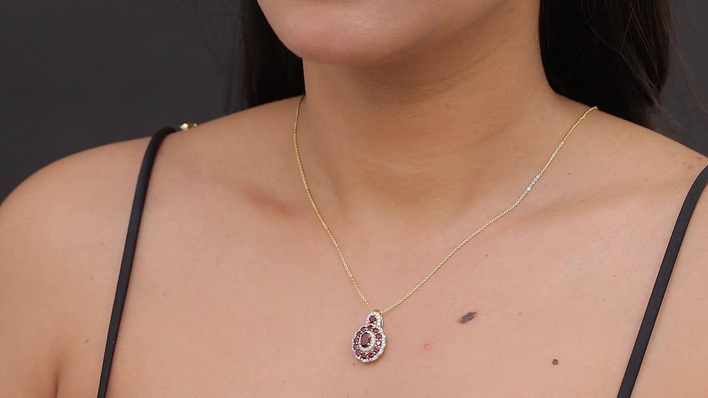 D'Joy Premium Anthill Garnet and Moissanite 2.10 ctw Crimson Bloom Pendant Necklace 20 Inches in 18K Vermeil Yellow Gold Over Sterling Silver