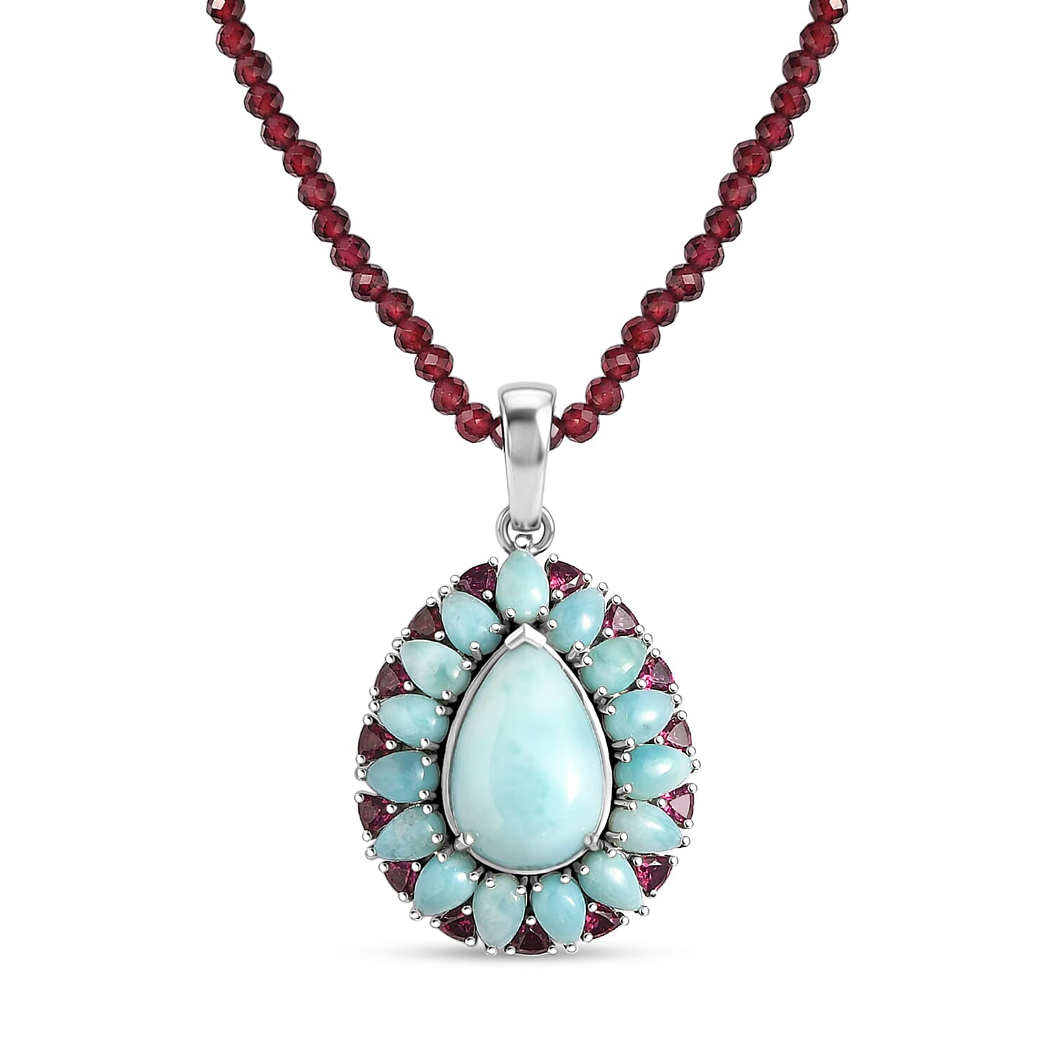 D'Joy Larimar, Orissa Rhodolite Garnet Pendant with Beaded Necklace (20 Inches) in Rhodium Over Sterling Silver 69.50 ctw