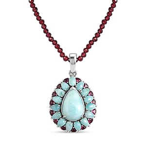 D'Joy Larimar and Orissa Rhodolite Garnet 65.50 ctw Ocean Ripple Halo Pendant with Beaded Necklace (20 Inches) in Rhodium Over Sterling Silver