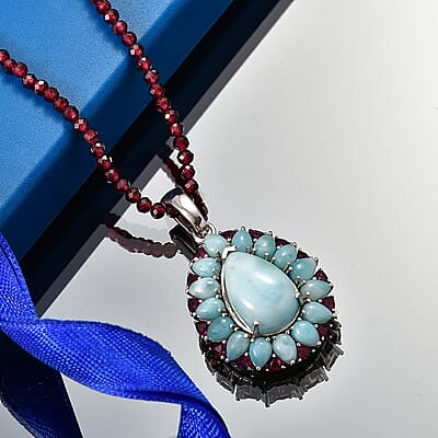 D'Joy Larimar and Orissa Rhodolite Garnet 65.50 ctw Ocean Ripple Halo Pendant with Beaded Necklace (20 Inches) in Rhodium Over Sterling Silver