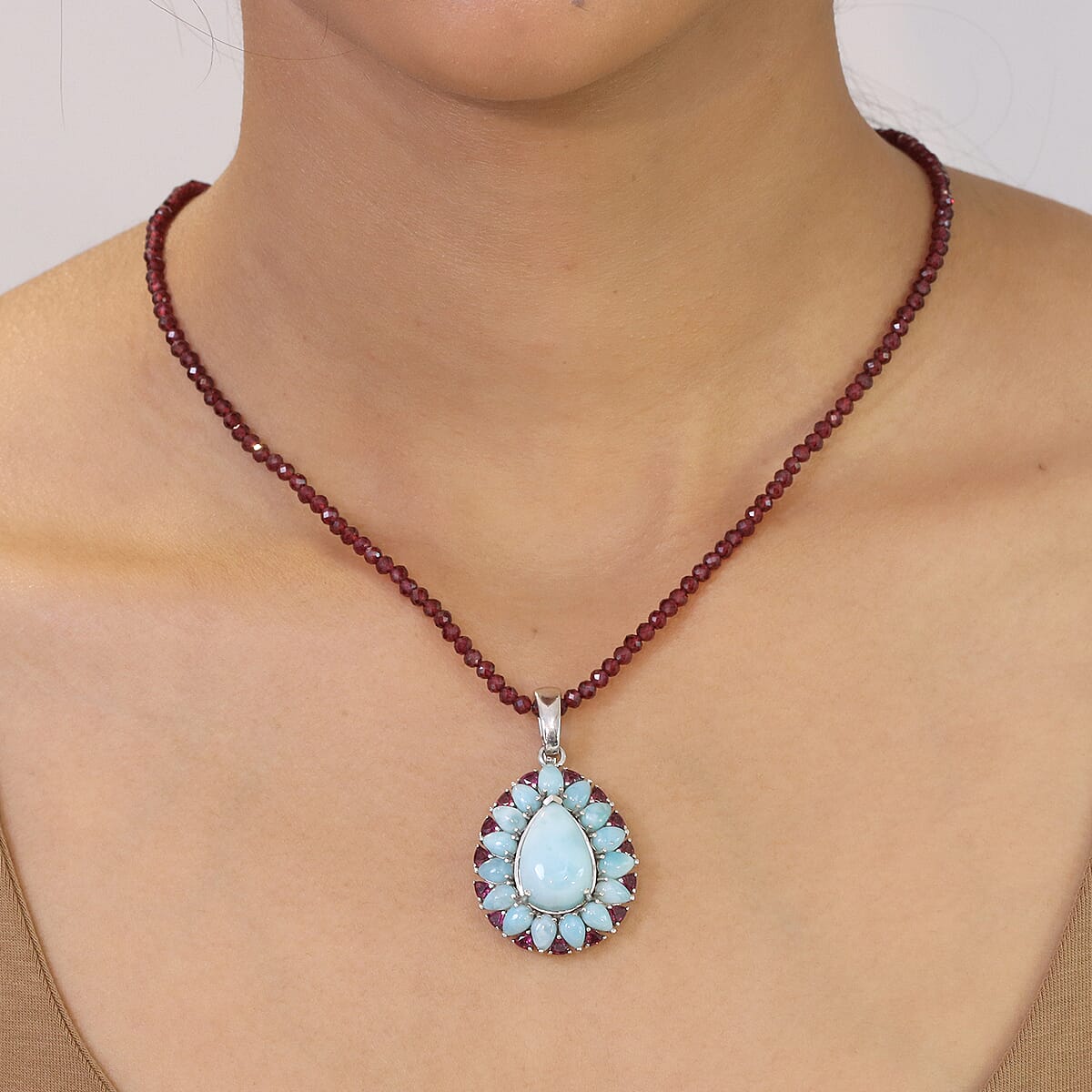 D'Joy Larimar and Orissa Rhodolite Garnet 65.50 ctw Ocean Ripple Halo Pendant with Beaded Necklace (20 Inches) in Rhodium Over Sterling Silver image number 2