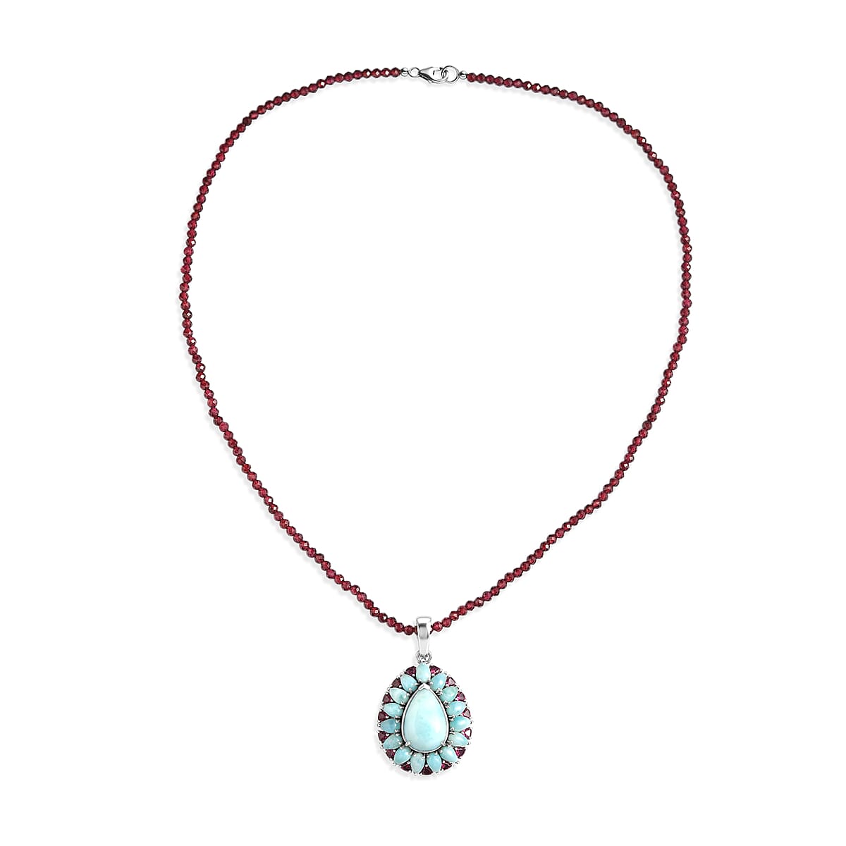 D'Joy Larimar and Orissa Rhodolite Garnet 65.50 ctw Ocean Ripple Halo Pendant with Beaded Necklace (20 Inches) in Rhodium Over Sterling Silver image number 3