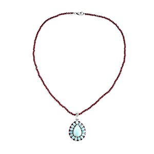D'Joy Larimar and Orissa Rhodolite Garnet 65.50 ctw Ocean Ripple Halo Pendant with Beaded Necklace (20 Inches) in Rhodium Over Sterling Silver