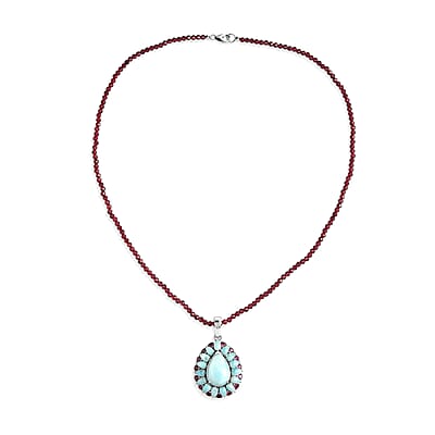 D'Joy Larimar and Orissa Rhodolite Garnet 65.50 ctw Ocean Ripple Halo Pendant with Beaded Necklace (20 Inches) in Rhodium Over Sterling Silver